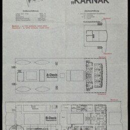 Deckpläne des Dampfers KARNAK der Hamburg‑Amerika Linie mit A‑Deck und B‑Deck, technischen Angaben und Firmenlogo.