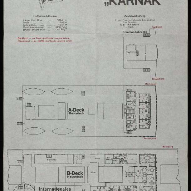 Deckpläne des Dampfers KARNAK der Hamburg‑Amerika Linie mit A‑Deck und B‑Deck, technischen Angaben und Firmenlogo.