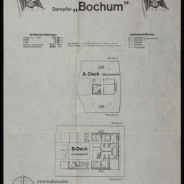 Plakat mit Deckplänen des Dampfers Bochum der Hamburg-Amerika Linie, zeigt A-Deck und B-Deck, Flaggen und Logo des Internationalen Maritimen Museums Hamburg.