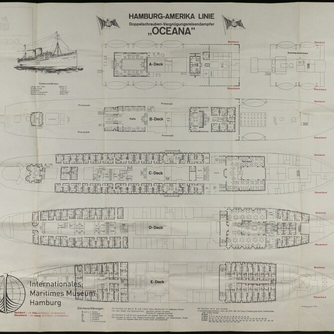 Faltblatt mit Decksgrundrissen des Passagierdampfers Oceana (A–E-Deck), Schiffssilhouette oben links und Logo des Internationalen Maritimen Museums Hamburg unten links