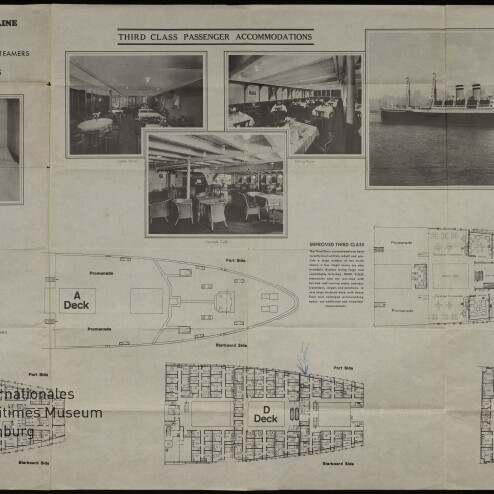 Prospekt mit Decksgrundrissen, Innenaufnahmen und Schiffsprofil der Hamburg‑American Line Dampfer Albert Ballin/Deutschland für Dritte Klasse.