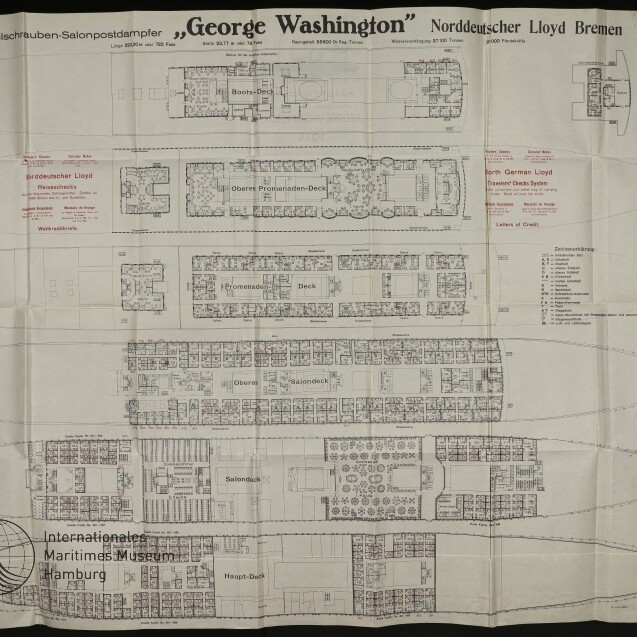 Decksplan des Passagierschiffs George Washington (Norddeutscher Lloyd, 1914) mit mehreren Decksaufteilungen und Museumsstempel