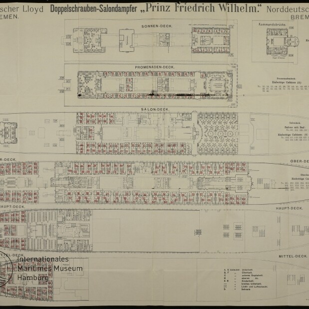 Decksgrundrisse des Doppelschrauben‑Salondampfers Prinz Friedrich Wilhelm (Norddeutscher Lloyd), schematische Blaupause mit Deckbezeichnungen.