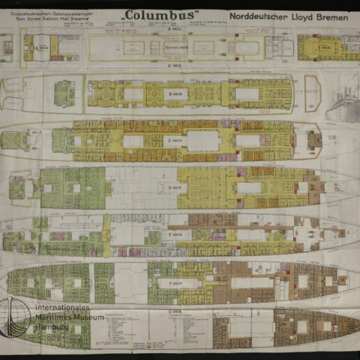 Farbiges Decksplan-Diagramm des Passagierdampfers Columbus (Norddeutscher Lloyd Bremen) mit mehreren Deckübersichten.