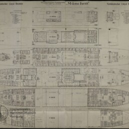 Deckpläne des Norddeutscher-Lloyd-Schiffs München mit A–F-Deckgrundrissen, Raumaufteilungen und Stempel des Maritimen Museums Hamburg.