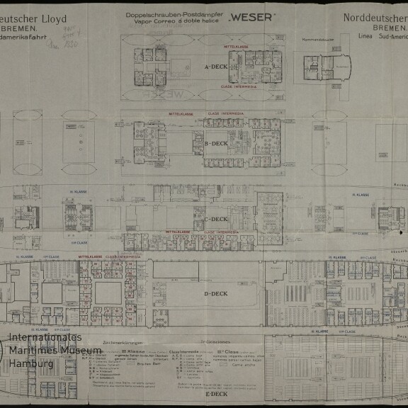 Deckpläne des Passagierschiffs WESER (Norddeutscher Lloyd), schematische A–E-Deckansichten mit Kabinen- und Raumaufteilung