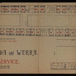 Decks- und Kabinenpläne zweier Passagierschiffe im Vintage-Stil mit Saloon- und Upper-Deck, Logo und Beschriftungen