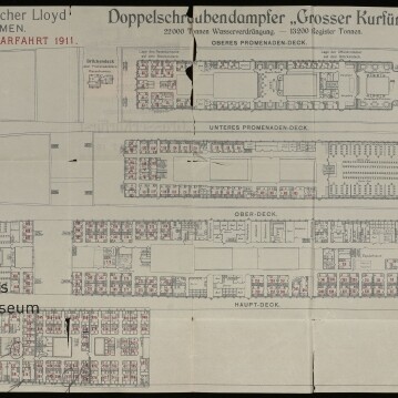 Decksplan des Dampfers Großer Kurfürst, Plan für die Polarfahrt 1911, mit vier Decksquerschnitten und Museumswasserzeichen.