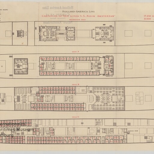 Decksplan der Holland-America Line für die Nieuw Amsterdam mit vier übereinander gezeichneten Decks und Kabinenlayout