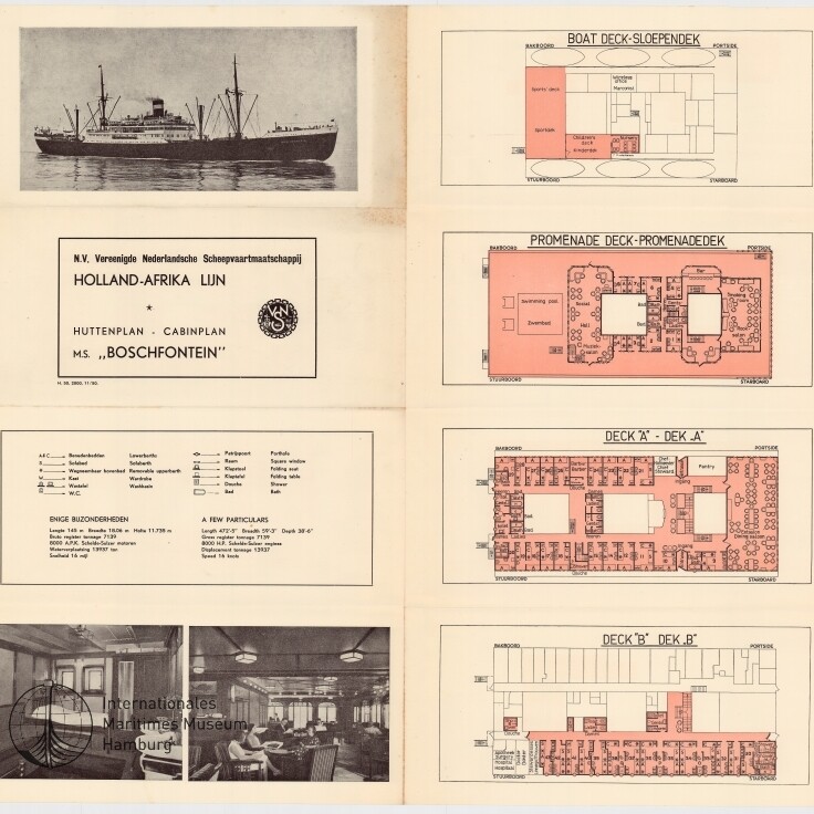 Faltprospekt der M.S. Boschfontein mit Schiffsphoto links, darunter Innenaufnahmen, und rechts vier farbigen Deckplänen (Boat/Promenade/Deck A/Deck B).