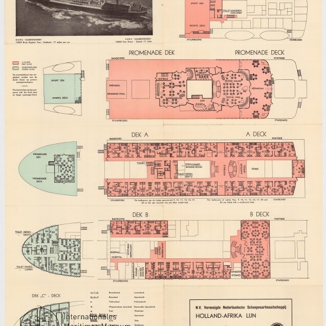 Deckplan der MS Jagersfontein (Holland-Afrika-Lijn) mit Schiffsfoto und farbcodierten Grundrissen der einzelnen Decks.