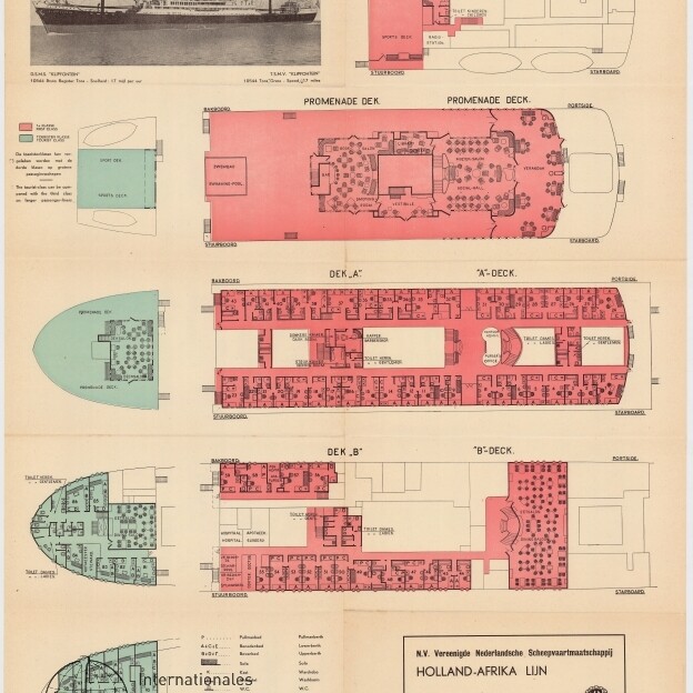 Deckpläne und Foto des Passagierschiffs M.S. Klipfontein mit farbig markierten Decks, Kabinen und Gemeinschaftsräumen.
