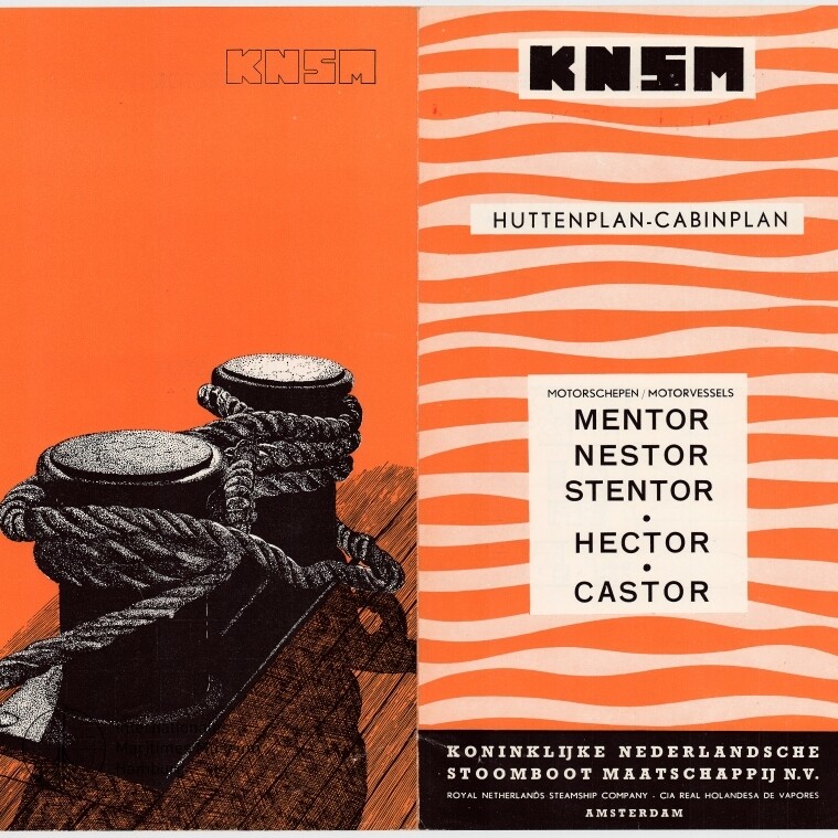Orangenes KNSM-Cover mit Poller und dicken Taurollen links, rechts wellige Streifen und Schiffsnamen Mentor, Nestor, Stentor, Hector, Castor