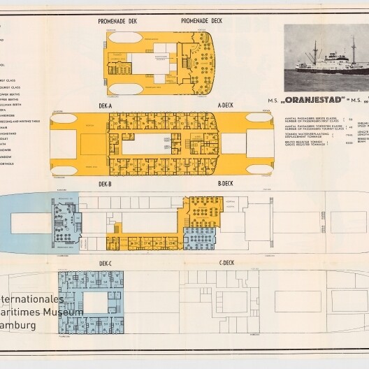 Decksplan des Passagierschiffs M.S. Oranjestad/M.S. Willemstad mit farbigen Decksgrundrissen, Legende und kleinem Seitenrissfoto.