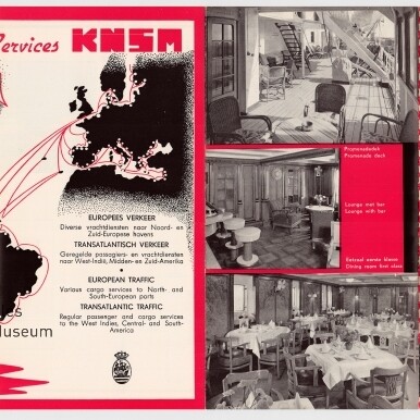 Vintage Reiseprospekt der Reederei KNSM für Dampfschiff Boskoop mit rot-weißem Wellenmuster, Weltkarte mit Linien und Innenraumfotos.