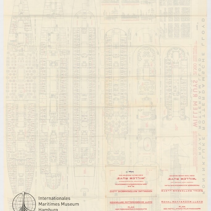 Decksgrundrisse und technische Pläne des Passagierschiffs Willem Ruys auf hellem Faltblatt, Museumslogo unten links.