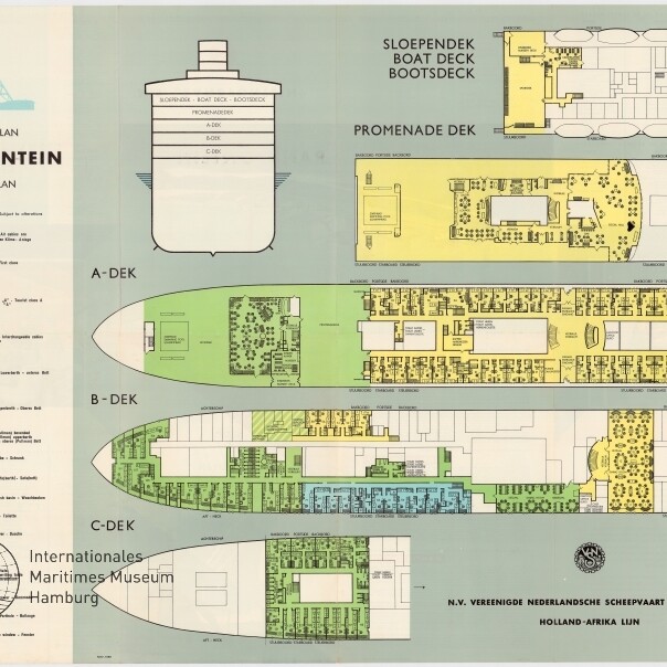 Detaillierter farbiger Deckplan der Randfontein mit A-, B-, C-, Promenade- und Bootsdeck sowie Legende und Museumsstempel.