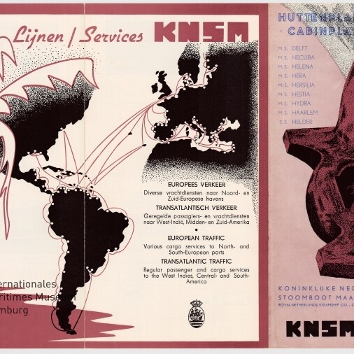 KNSM-Broschüre mit stilisierter Karte transatlantischer Routen, Palmbaum links und großen Schiffsschrauben rechts