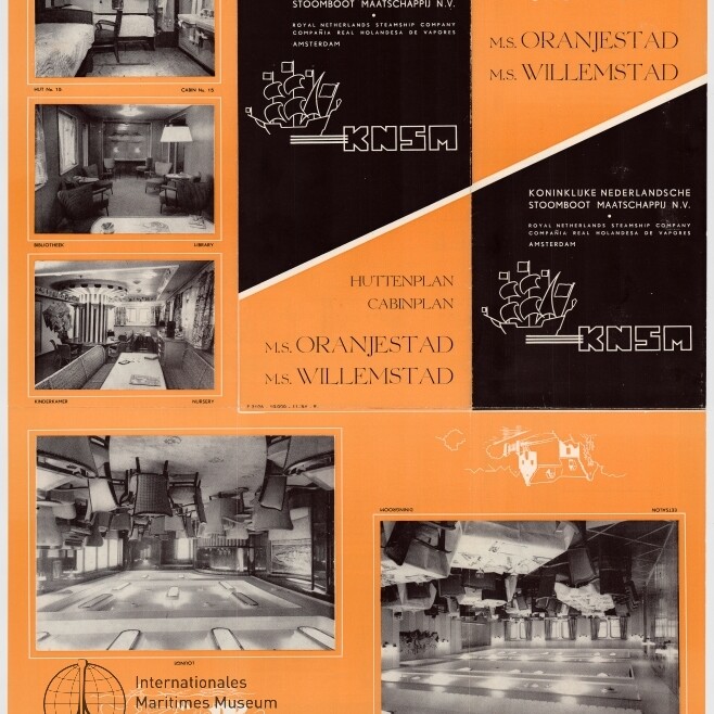 Orange-schwarzer KNSM-Kabinenplan für M.S. Oranjestad und M.S. Willemstad mit Schwarzweiß-Innenaufnahmen.