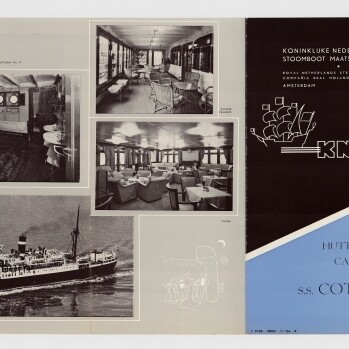 Faltprospekt der S.S. Cottica mit Schwarzweiß-Innenaufnahmen, Bordansicht, KNSM-Logo und blau-schwarzem Design.