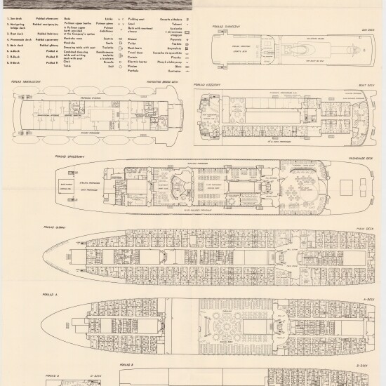 Deckpläne des Passagierschiffs tss Stefan Batory mit Schiffsprofil oben links und Museumsstempel