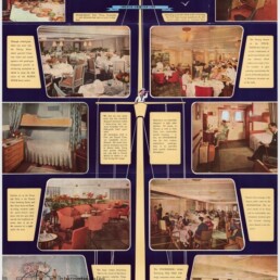 Vintage-Werbeplakat der Schiffslinie Kungsholm–Stockholm mit Collage von Speisesälen, Salons, Kabinen und Schwimmbad