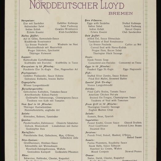 Vintage Speisekarte der Reederei Norddeutscher Lloyd Bremen mit zweisprachigem Menütext und Museumsstempel.