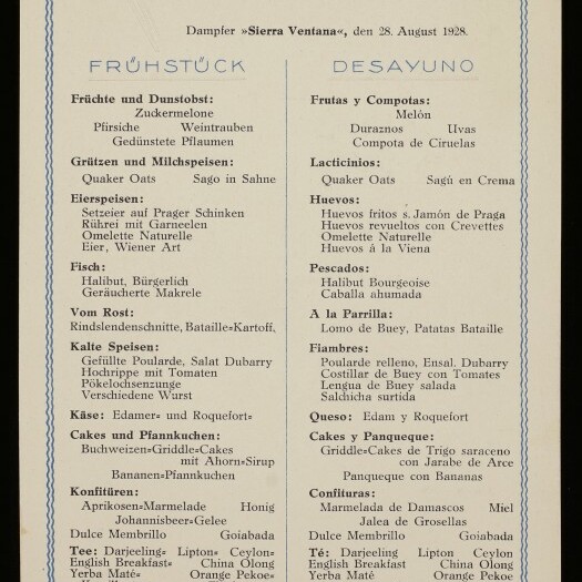 Bilinguales Frühstücksmenü (Deutsch/Spanisch) der Norddeutscher Lloyd Dampfer Sierra Ventana, 28. August 1928, mit Ankerlogo.