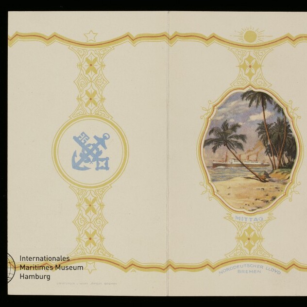 Cremefarbene Faltkarte mit goldverzierter Bordüre; links blaues Ankeremblem, rechts ovale Szene mit Palmenstrand und Dampfschiff.