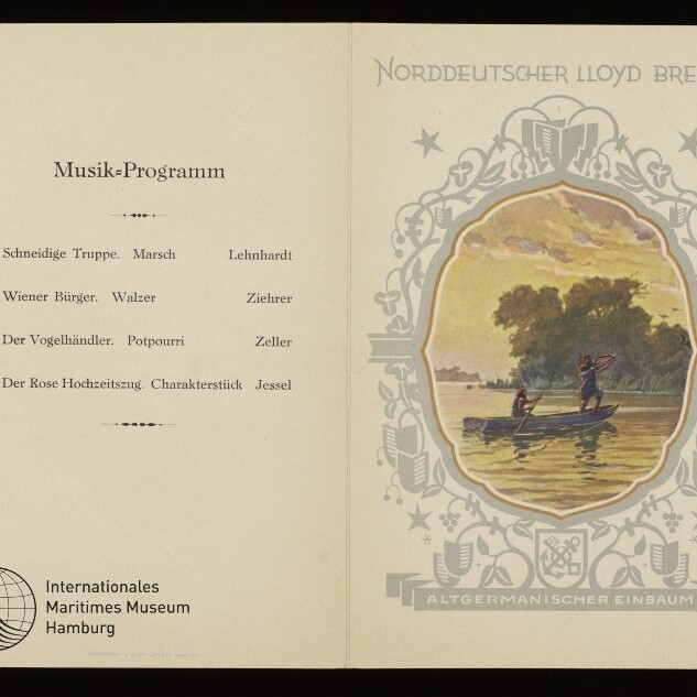 Musikprogramm Norddeutscher Lloyd Bremen mit Stückliste links und kleiner Illustration zweier Männer im Ruderboot.