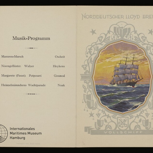 Musikprogramm-Faltblatt: Liedliste links, rechts dekoratives Segelschiff mit Schriftzug Norddeutscher Lloyd Bremen.