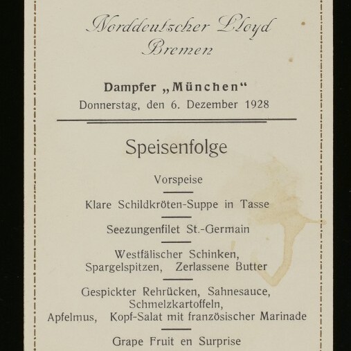 Menükarte von Norddeutscher Lloyd Bremen für Dampfer „München“, 6. Dezember 1928, mit Speisenfolge und Schiffslogo.