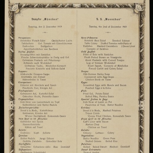 Zweisprachige Speisekarte der Norddeutscher Lloyd für S.S. 'München', 2. Dez. 1923, ornamentaler Rahmen und Museumsstempel.
