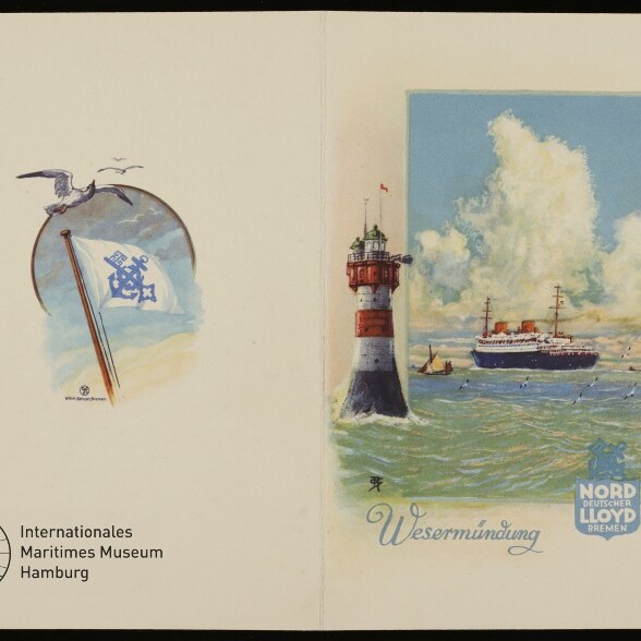 Maritimes Motiv: links Möwe und Flagge, rechts Leuchtturm und Passagierschiff auf See mit Schrift 'Wesermündung' und NDL-Logo.