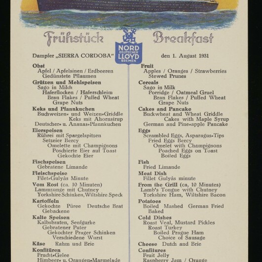 Vintages Frühstück/Breakfast-Menü des Dampfers Sierra Cordoba (1. August 1931) mit Ozeandampfer-Illustration und Norddeutscher Lloyd-Logo.