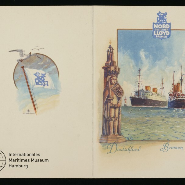 Geöffnete Postkarte mit Aquarell: zwei Schiffe vor Bremer Figurensäule, Norddeutscher Lloyd-Logo und Möwe.