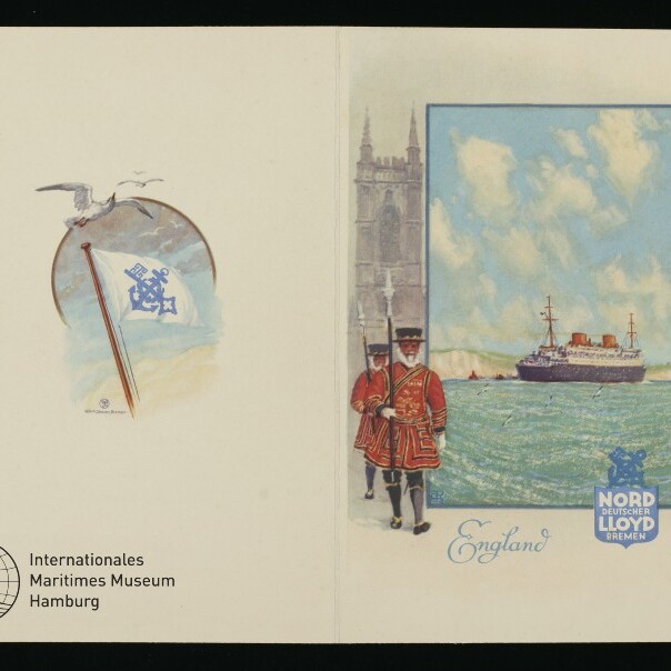 Vintage-Prospekt England mit Passagierschiff auf See, zwei Beefeater vor Kathedrale, Möwe und Norddeutscher Lloyd-Logo