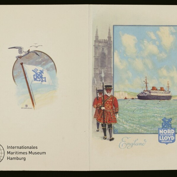 Vintage-Werbeblatt: rechts zwei rote Yeomen vor Turm und Passagierschiff mit Schriftzug „England“, links Möwe, Flagge und Museumslogo.