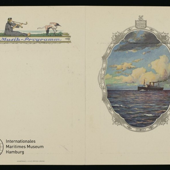 Musik-Programm-Cover: links Hornspieler und Storch, rechts ovales Gemälde eines Dampfschiffs auf See; Museumslogo unten.