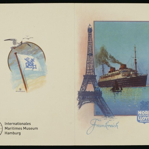 Eiffelturm neben auslaufendem Passagierdampfer, Schriftzug Frankreich und Norddeutscher Lloyd-Logo.