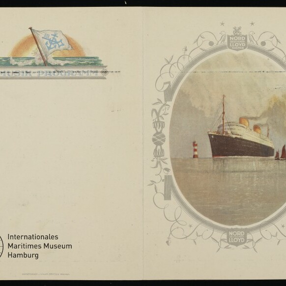 Briefbogen mit ovaler Illustration eines Passagierdampfers (Norddeutscher Lloyd) vor Leuchtturm, dekorativem Rahmen und Museumlogo.