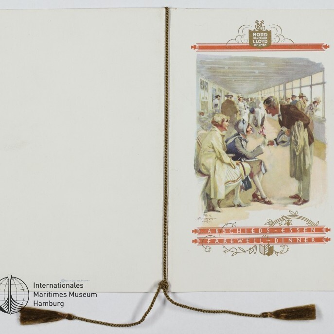 Aufgeschlagenes Menü mit kolorierter Szene von Passagieren an Deck, Titel Abschiedsessen/Farewell Dinner und goldener Quaste.