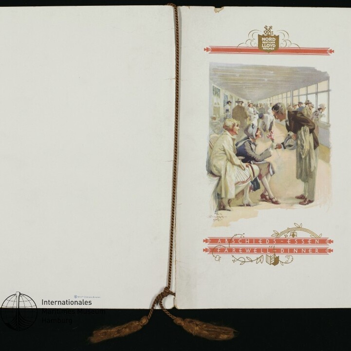 Aufgeschlagenes Bordmenü mit Quaste; rechts Illustration von Passagieren an Deck und Schriftzug Abschieds-Essen.