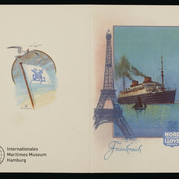 Vintage-Broschüre mit Eiffelturm, Ozeandampfer und Norddeutscher Lloyd-Badge, links Museumssignet und Möwe.