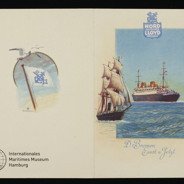 Zweiteiliges Titelbild: ein Segelschiff vor einem modernen Ozeandampfer, Norddeutscher Lloyd-Logo oben, Möwe mit Flagge und Museumssignet unten links.