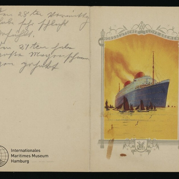 Postkarte mit farbiger Abbildung eines Ozeandampfers (Norddeutscher Lloyd Bremen) rechts und handschriftlicher Notiz links