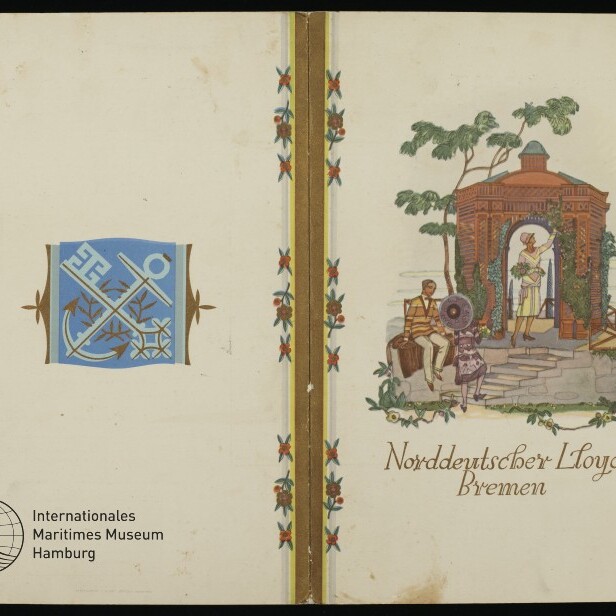 Geöffnete Doppelseite mit blauem Nautik-Motiv links und rechts einer Pavillon-Szene mit drei Figuren und dem Schriftzug Norddeutscher Lloyd Bremen
