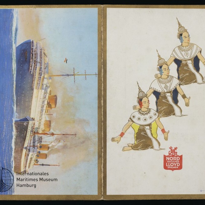 Zweigeteilt: links ein Dampfer auf bewegter See, rechts drei thailändisch gekleidete Tänzerinnen und Lloyd-Logo.