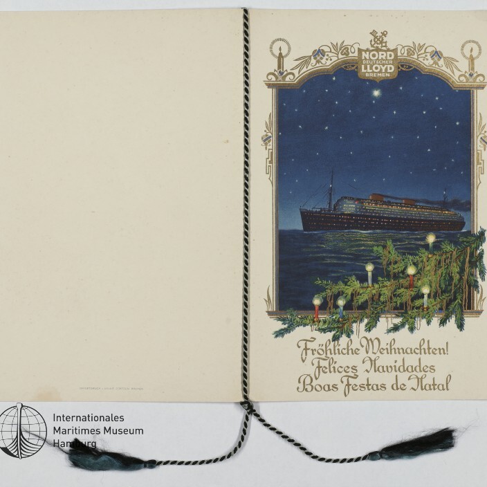 Weihnachtskarte mit nächtlichem Ozeandampfer, Tannenzweig mit Lichtern und Norddeutscher Lloyd-Logo.
