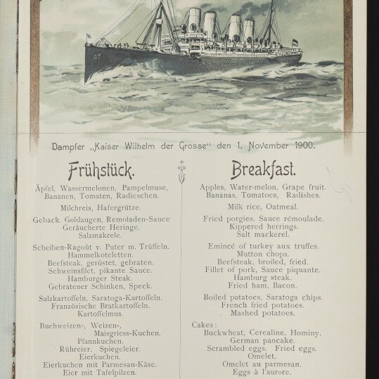 Speisekarte 1900 der Reederei Norddeutscher Lloyd mit Zeichnung eines Passagierdampfers und deutsch-englischem Frühstücksmenü